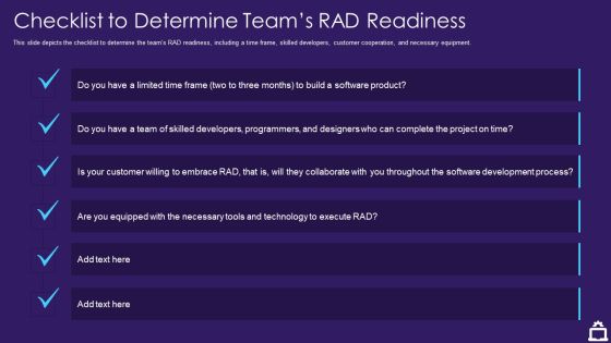 RAD Approach IT Checklist To Determine Teams RAD Readiness Ppt Pictures Demonstration PDF RAD Approach IT Checklist To Determine Teams RAD Readiness Ppt Pictures Demonstration PDF