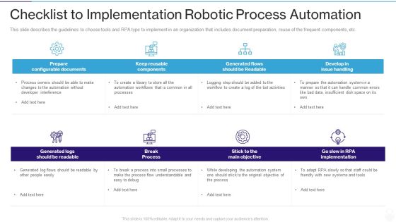 RPA IT Checklist To Implementation Robotic Process Automation Ppt Professional Layouts PDF