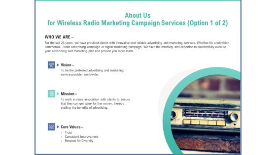 Radio Marketing Plan Product Launch About Us For Wireless Radio Marketing Campaign Services Clipart PDF Radio Marketing Plan Product Launch About Us For Wireless Radio Marketing Campaign Services Clipart PDF