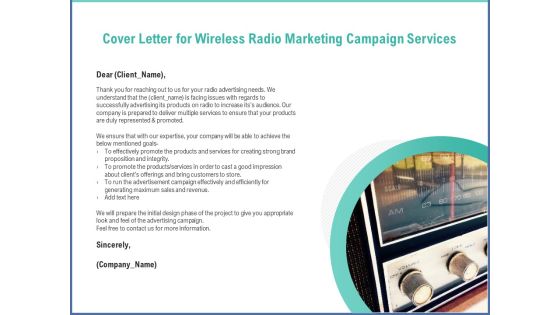 Radio Marketing Plan Product Launch Cover Letter For Wireless Radio Marketing Campaign Services Graphics PDF Radio Marketing Plan Product Launch Cover Letter For Wireless Radio Marketing Campaign Services Graphics PDF