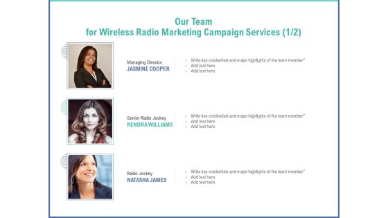 Radio Marketing Plan Product Launch Our Team For Wireless Radio Marketing Campaign Services Infographics PDF Radio Marketing Plan Product Launch Our Team For Wireless Radio Marketing Campaign Services Infographics PDF