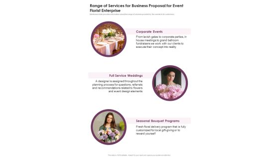 Range Of Services For Business Proposal For Event Florist Enterprise One Pager Sample Example Document Range Of Services For Business Proposal For Event Florist Enterprise One Pager Sample Example Document