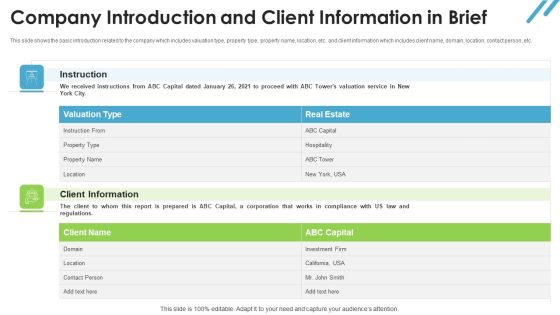 Real Estate Valuation Approaches For Property Shareholders Company Introduction And Client Information In Brief Diagrams PDF Real Estate Valuation Approaches For Property Shareholders Company Introduction And Client Information In Brief Diagrams PDF