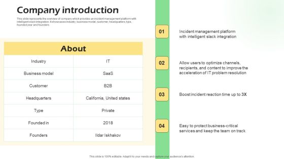 Real Time Incident Management Solution Investor Funding Pitch Deck Company Introduction Introduction PDF