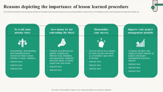 Reasons Depicting The Importance Of Lesson Learned Procedure Icons PDF