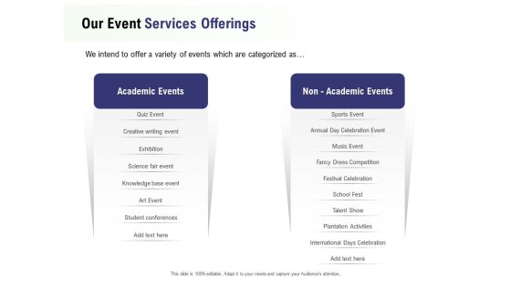 Recreational Program Proposal Our Event Services Offerings Ppt Styles Visual Aids PDF Recreational Program Proposal Our Event Services Offerings Ppt Styles Visual Aids PDF
