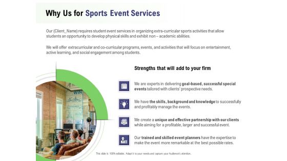 Recreational Program Proposal Why Us For Sports Event Services Ppt Model Information PDF
