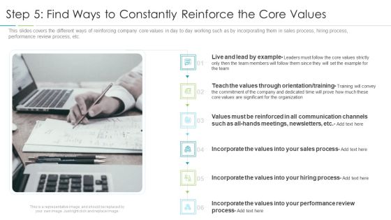 Refining Company Ethos Step 5 Find Ways To Constantly Reinforce The Core Values Ppt Show Slide Portrait PDF Refining Company Ethos Step 5 Find Ways To Constantly Reinforce The Core Values Ppt Show Slide Portrait PDF