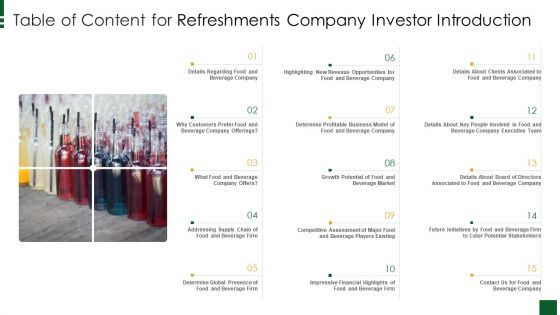 Refreshments Company Investor Introduction Table Of Content For Refreshments Company Investor Introduction Introduction PDF Refreshments Company Investor Introduction Table Of Content For Refreshments Company Investor Introduction Introduction PDF