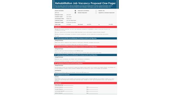 Rehabilitation Job Vacancy Proposal One Pager PDF Document PPT Template Rehabilitation Job Vacancy Proposal One Pager PDF Document PPT Template