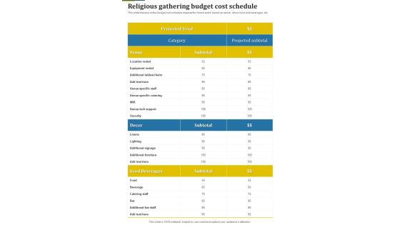 Religious Gathering Budget Cost Schedule One Pager Sample Example Document Religious Gathering Budget Cost Schedule One Pager Sample Example Document