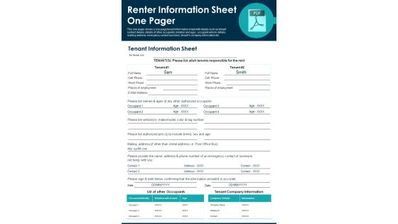 Renter Information Sheet One Pager PDF Document PPT Template Renter Information Sheet One Pager PDF Document PPT Template