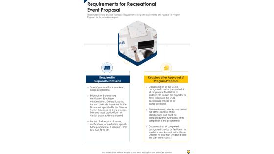 Requirements For Recreational Event Proposal One Pager Sample Example Document Requirements For Recreational Event Proposal One Pager Sample Example Document