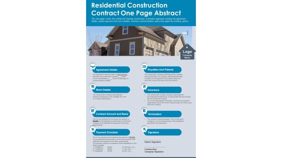 Residential Construction Contract One Page Abstract PDF Document PPT Template