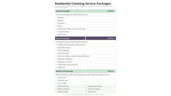 Residential House Cleaning Services Residential Cleaning Service Packages One Pager Sample Example Document Residential House Cleaning Services Residential Cleaning Service Packages One Pager Sample Example Document