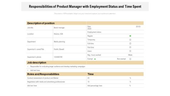 Responsibilities Of Product Manager With Employment Status And Time Spent Ppt PowerPoint Presentation Show Inspiration PDF Responsibilities Of Product Manager With Employment Status And Time Spent Ppt PowerPoint Presentation Show Inspiration PDF