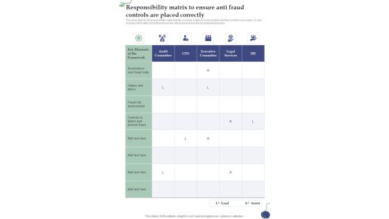 Responsibility Matrix To Ensure Anti Fraud Controls Are Placed One Pager Sample Example Document Responsibility Matrix To Ensure Anti Fraud Controls Are Placed One Pager Sample Example Document