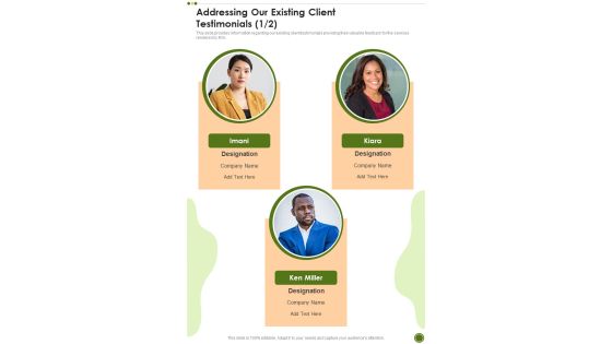 Restaurant Business Funding Addressing Our Existing Client Testimonials One Pager Sample Example Document