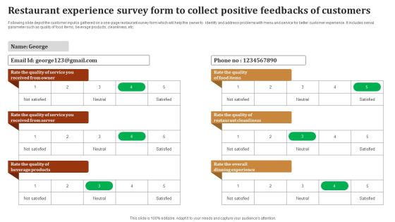Restaurant Experience Survey Form To Collect Positive Feedbacks Of Customers Survey SS