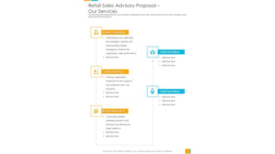 Retail Sales Advisory Proposal Our Services One Pager Sample Example Document Retail Sales Advisory Proposal Our Services One Pager Sample Example Document