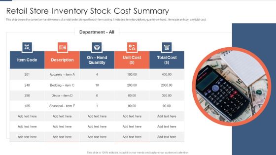 Retail Store Inventory Stock Cost Summary Themes PDF