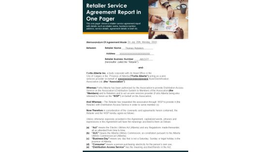 Retailer Service Agreement Report In One Pager PDF Document PPT Template