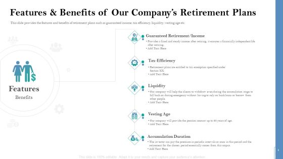 Retirement Insurance Benefit Plan Features And Benefits Of Our Companys Retirement Plans Infographics PDF Retirement Insurance Benefit Plan Features And Benefits Of Our Companys Retirement Plans Infographics PDF