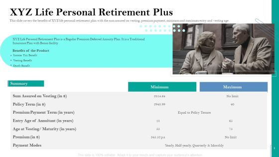 Retirement Insurance Benefit Plan XYZ Life Personal Retirement Plus Ppt Inspiration Infographic Template PDF