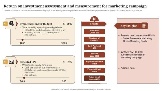 Return On Investment Assessment And Measurement For Marketing Campaign Brochure PDF Return On Investment Assessment And Measurement For Marketing Campaign Brochure PDF