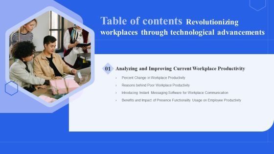 Revolutionizing Workplaces Through Technological Advancements Table Of Contents Ppt Slides Visual Aids PDF