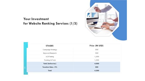 SEO Proposal Template Your Investment For Website Ranking Services Price Ppt PowerPoint Presentation Professional Brochure PDF