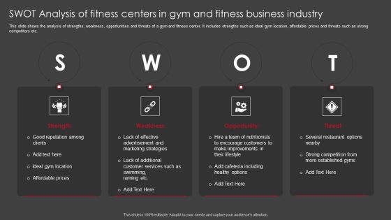 SWOT Analysis Of Fitness Centers In Gym And Fitness Business Industry Ideas PDF SWOT Analysis Of Fitness Centers In Gym And Fitness Business Industry Ideas PDF