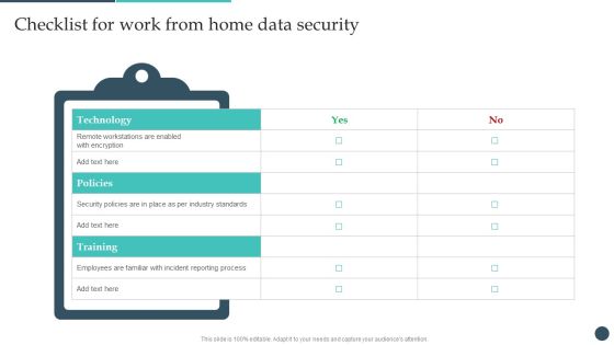 Safety Breach Response Playbook Checklist For Work From Home Data Security Slides PDF