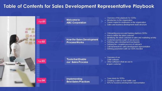 Sales Development Representative Playbook Table Of Contents For Sales Development Representative Playbook Mockup PDF Sales Development Representative Playbook Table Of Contents For Sales Development Representative Playbook Mockup PDF
