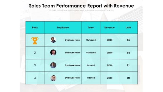 Sales Team Performance Report With Revenue Ppt PowerPoint Presentation Model Portfolio PDF