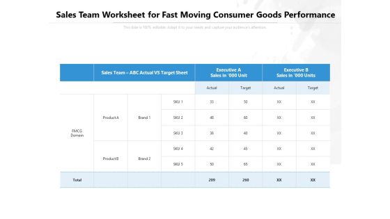 Sales Team Worksheet For Fast Moving Consumer Goods Performance Ppt PowerPoint Presentation Styles Background Images PDF