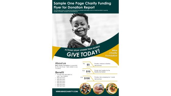 Sample One Page Charity Funding Flyer For Donation Report PDF Document PPT Template Sample One Page Charity Funding Flyer For Donation Report PDF Document PPT Template