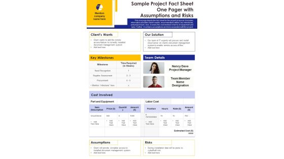 Sample Project Fact Sheet One Pager With Assumptions And Risks PDF Document PPT Template Sample Project Fact Sheet One Pager With Assumptions And Risks PDF Document PPT Template