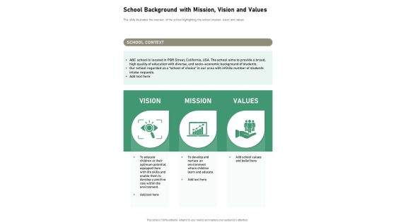 School Background With Mission Vision And Values One Pager Documents School Background With Mission Vision And Values One Pager Documents