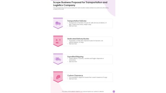 Scope Business Proposal For Transportation And Logistics Company One Pager Sample Example Document
