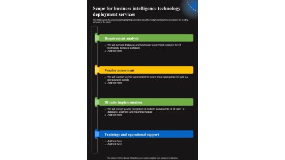 Scope For Business Intelligence Technology Deployment Services One Pager Sample Example Document Scope For Business Intelligence Technology Deployment Services One Pager Sample Example Document