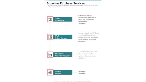 Scope For Purchase Services One Pager Sample Example Document