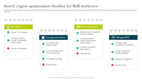 Search Engine Optimization Checklist For B2B Marketers Ppt PowerPoint Presentation File Files PDF Search Engine Optimization Checklist For B2B Marketers Ppt PowerPoint Presentation File Files PDF