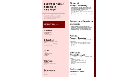 Securities Analyst Resume In One Pager PDF Document PPT Template Securities Analyst Resume In One Pager PDF Document PPT Template