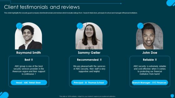 Security And Human Resource Services Business Profile Client Testimonials And Reviews Information PDF
