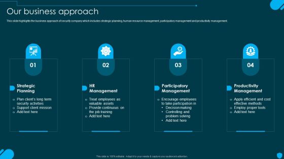 Security And Human Resource Services Business Profile Our Business Approach Diagrams PDF