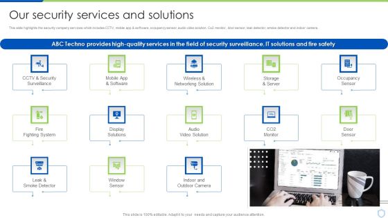 Security And Surveillance Company Profile Our Security Services And Solutions Icons PDF Security And Surveillance Company Profile Our Security Services And Solutions Icons PDF