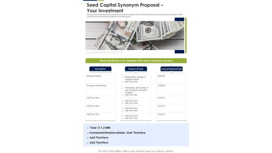 Seed Capital Synonym Proposal Your Investment One Pager Sample Example Document Seed Capital Synonym Proposal Your Investment One Pager Sample Example Document