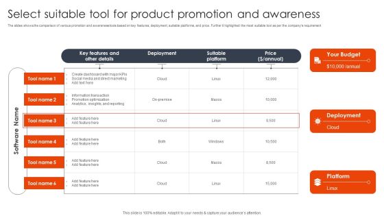 Select Suitable Tool For Product Promotion And Awareness Client Acquisition Techniques To Boost Sales Demonstration PDF Select Suitable Tool For Product Promotion And Awareness Client Acquisition Techniques To Boost Sales Demonstration PDF