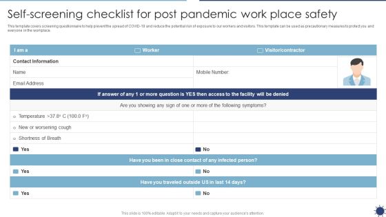 Self Screening Checklist For Post Pandemic Work Place Safety Organization Transformation Instructions Professional PDF Self Screening Checklist For Post Pandemic Work Place Safety Organization Transformation Instructions Professional PDF